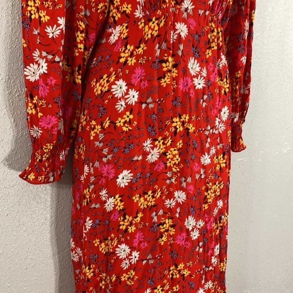 Oliver Bonas Floral Print & Frilled Bib Trim Red Midi Dress 2 EE29 - Picture 10 of 16